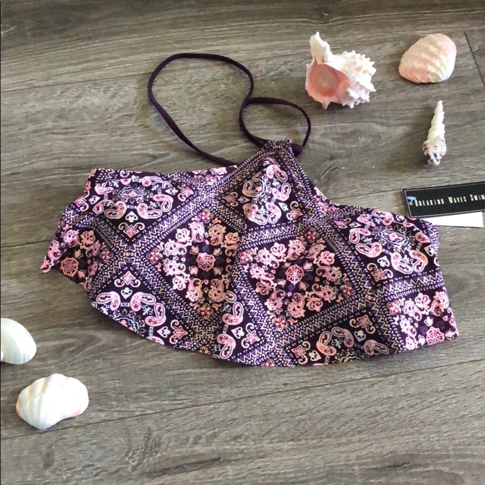 Breaking Waves High Neck Halter Flounce Bikini Top